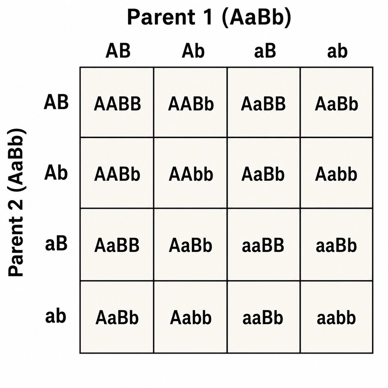16 cells. The famous 9:3:3:1 phenotype ratio (both dominant : one dominant : the other dominant : both recessive) comes from this grid.